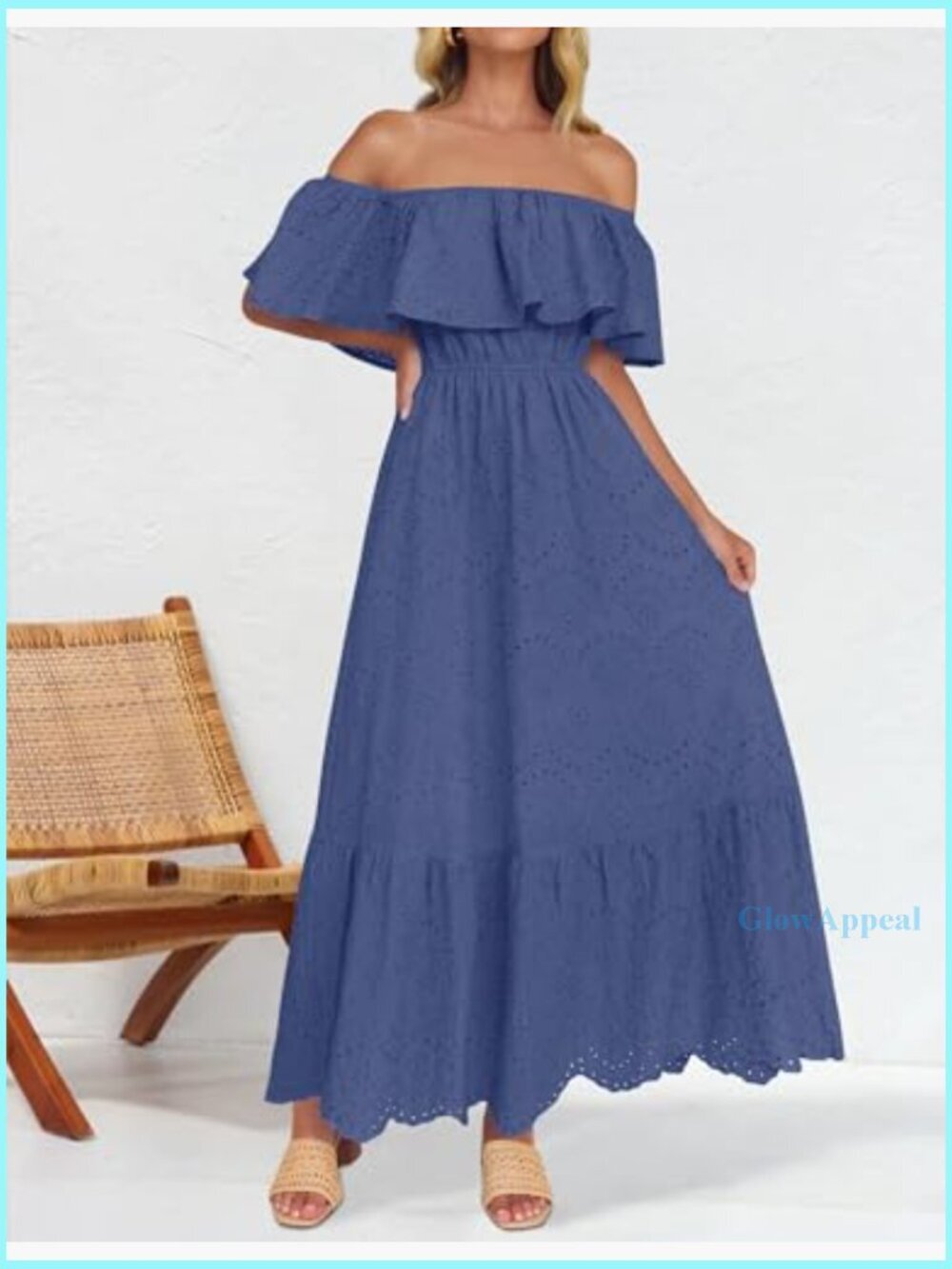 Off Shoulder Ruffle Midi Dress Hollow Out Embroidery High Waist Party - Picture 2 of 7